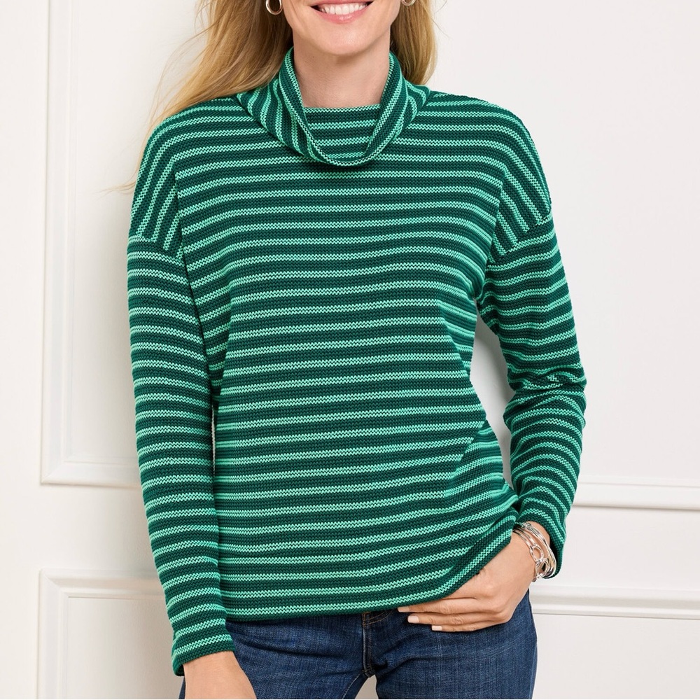 Talbots Striped Relaxed Funnel Neck Long Sleeve Pullover Top Teal Green‎ XS